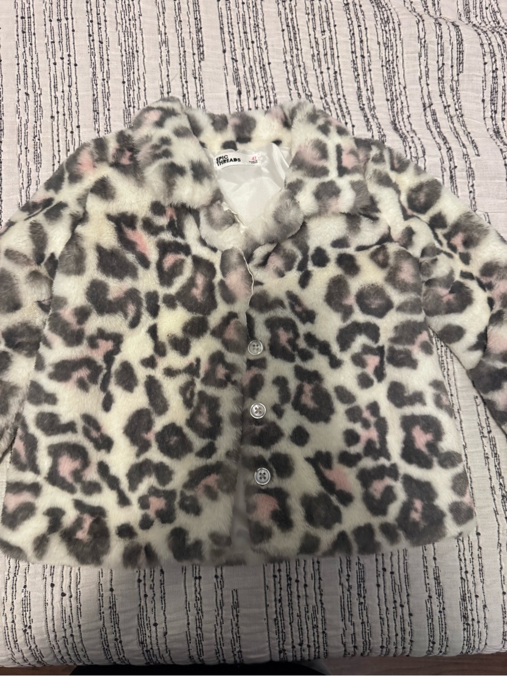 Epic Threads Girls Faux Fur Leopard Pea Coat in White, Gray and Pink